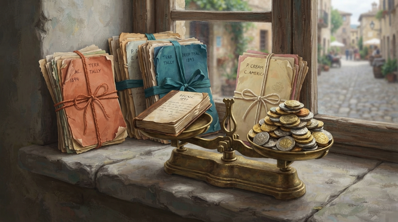 Editorial illustration of An antique brass balance scale rests on a stone windowsill, one side weighed down by a growing stack of gold coins while