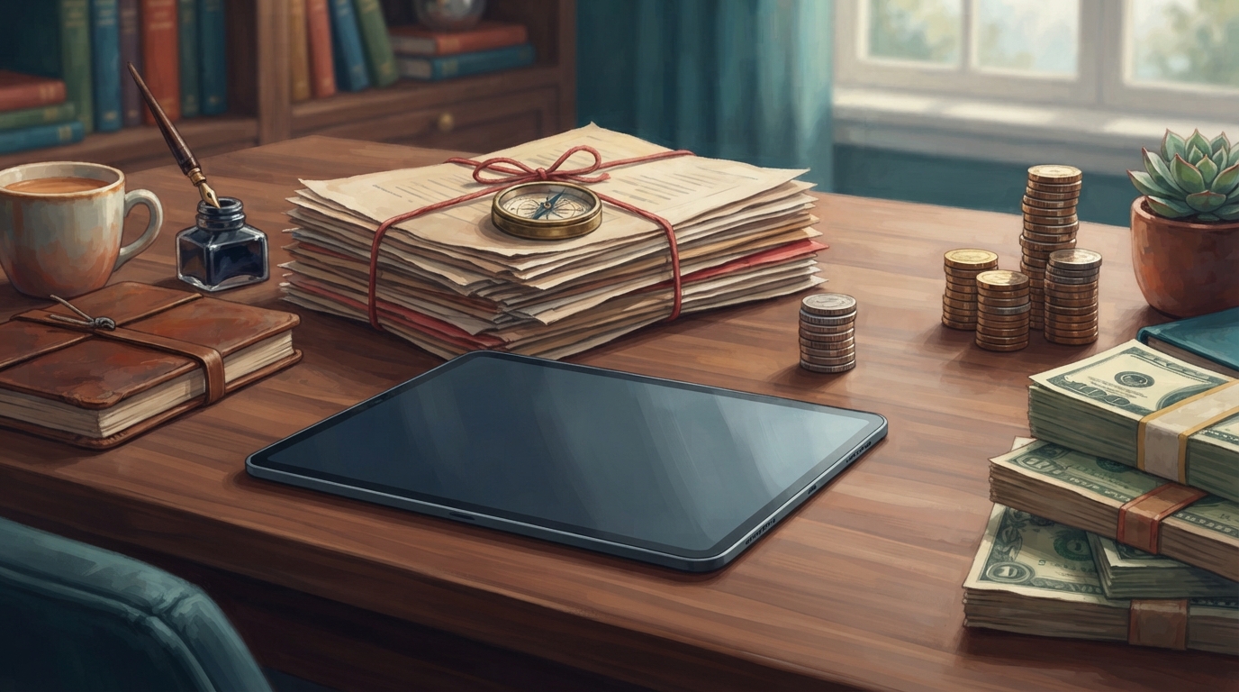 Editorial illustration of On a polished walnut desk, a slim glass tablet lies face down beside a loosely tied stack of paper documents bound in re