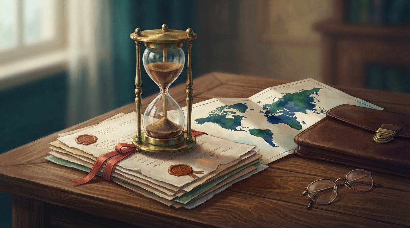 Editorial illustration of A brass hourglass sits atop a neat stack of official documents on a dark oak table, its fine sand caught mid fall betwee