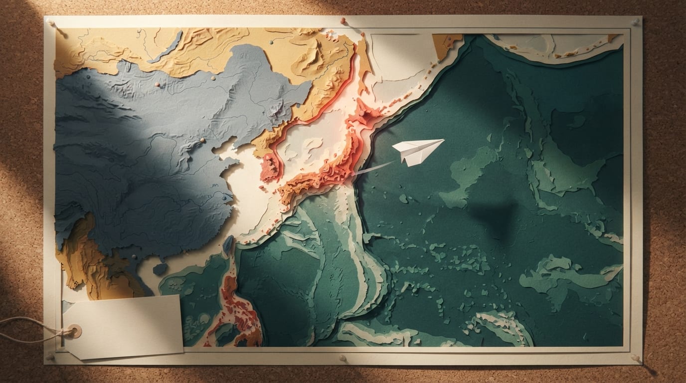 A paper aeroplane banks away from a dimmed USA on a wall map, toward a glowing Japan