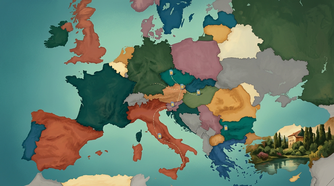 Redaktionelle Illustration von Europa, zersplittert in ungleiche Abdeckungszonen, der Kontinent wie Puzzleteile unterschiedlicher Größe aufgeteilt, eine große