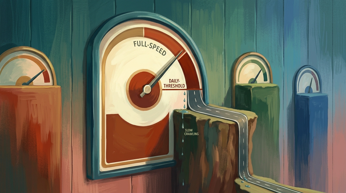 Redaktionelle Illustration eines gemalten Stilllebens: eine hohe Signalstärke-Anzeige oder ein Datentempo-Messgerät an der Wand, die Nadel rast