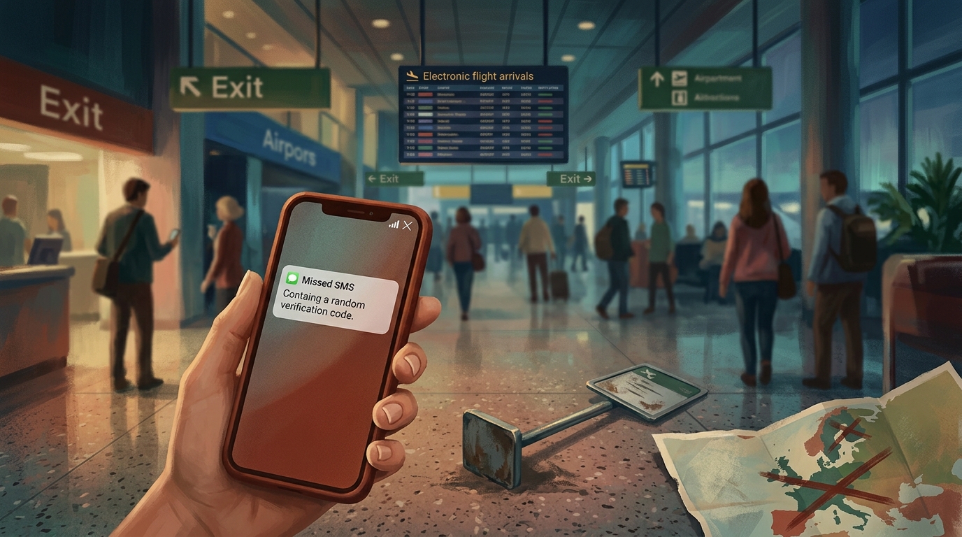 Redaktionelle Illustration einer nächtlichen Ankunftsszene am Flughafen aus Sicht eines Reisenden: ein Handy, in einer teilweise sichtbaren Hand nahe am Bildrand gehalten
