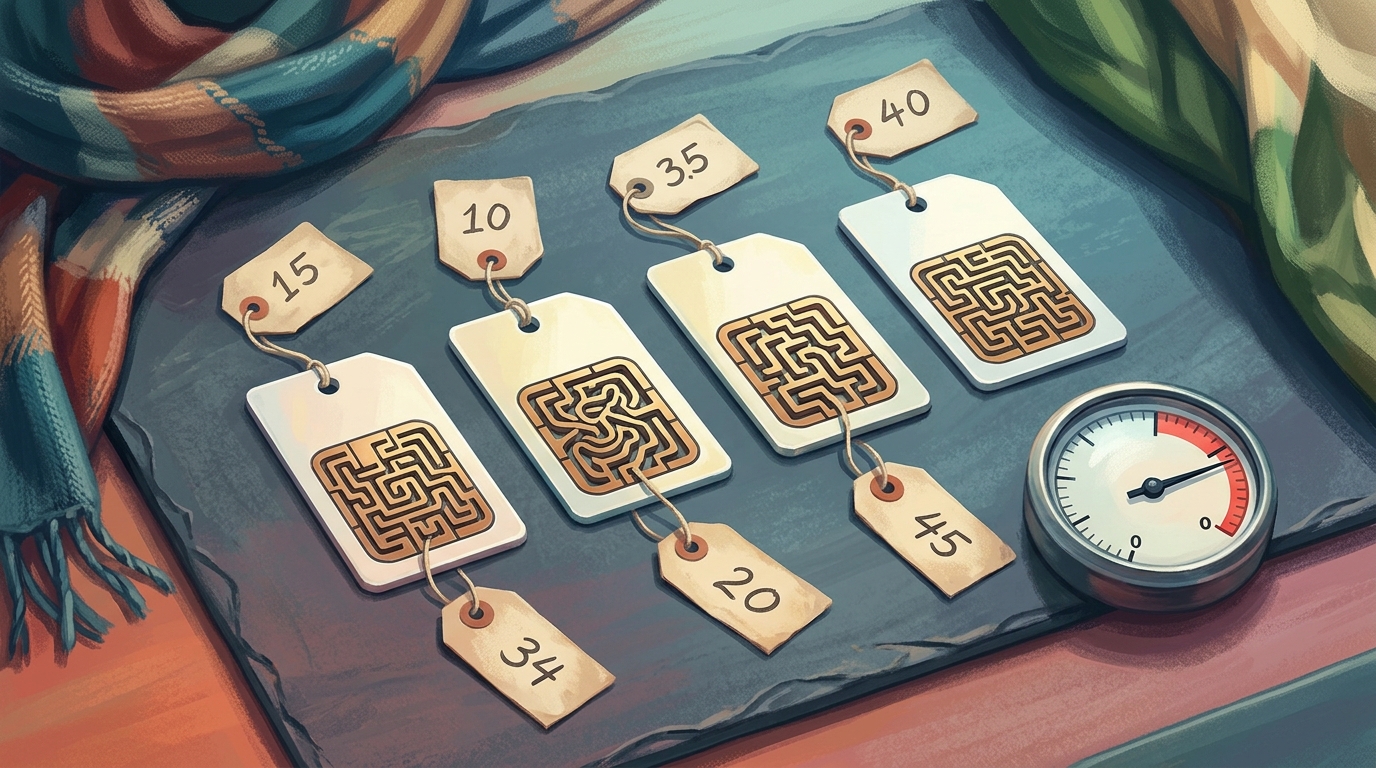 Editorial illustration of still-life metaphor: four near-identical SIM cards laid out in a neat row on a slate travel desk, each with a small pape, representing cheapest travel eSIM for Europe 2026