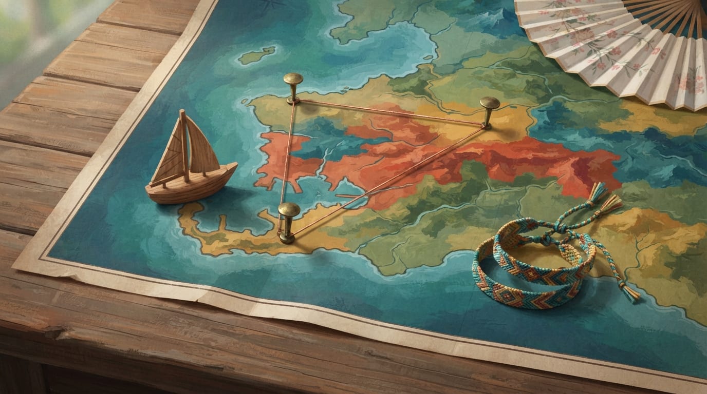 A pinned travel chart with copper thread linking three stops and a small carved boat by the harbor