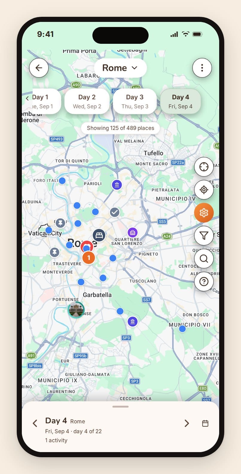 TripProf's day-by-day itinerary map for a Rome trip, showing the day tabs and a place pinned for Day 4