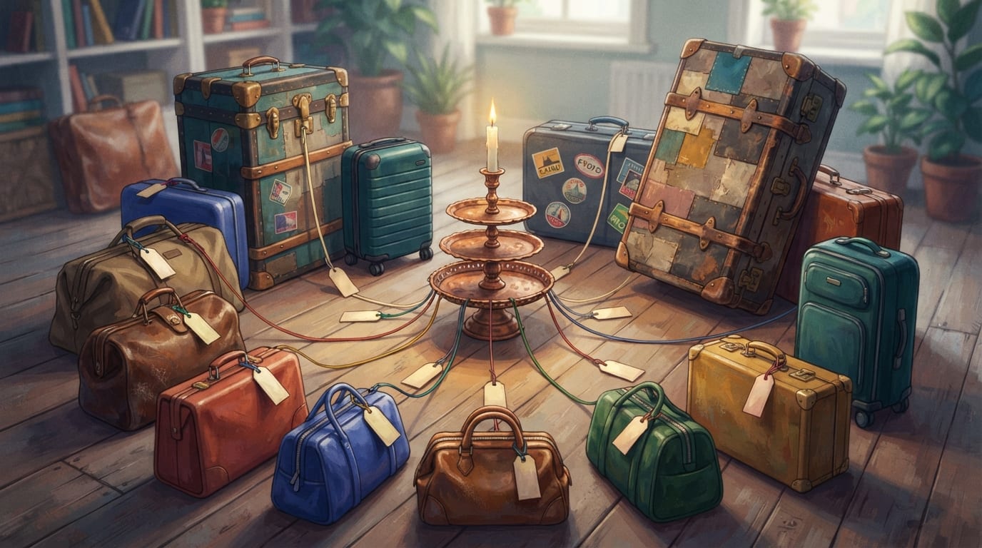 Suitcases of every size gathered around one lit anniversary candle