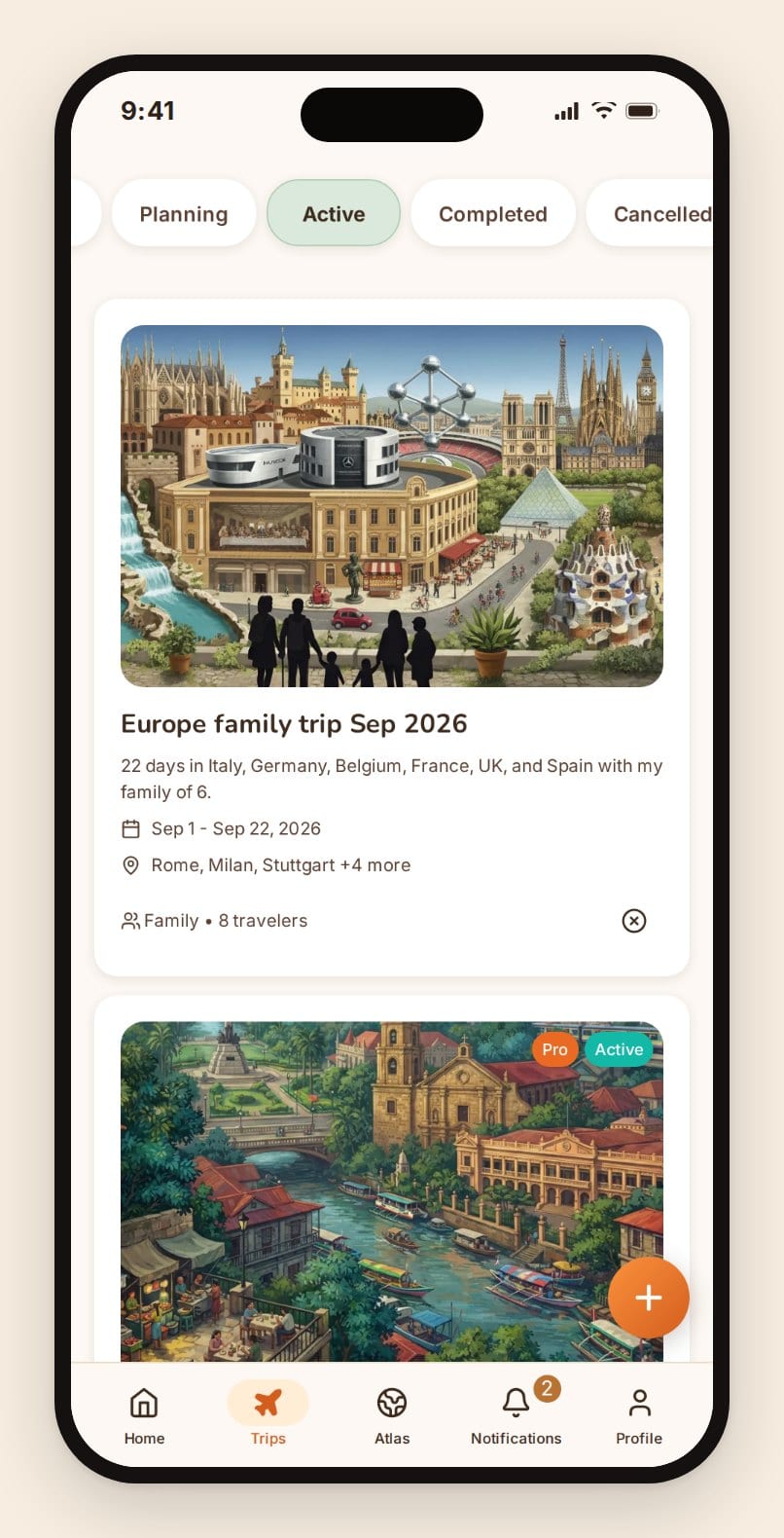 TripProf's trips list showing a trip named Europe family trip Sep 2026 for a family of 8 travelers