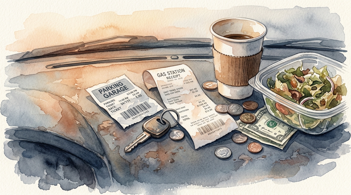 Watercolor illustration of watercolor overhead flat-lay showing the daily cost of going to an office, arranged on a worn car dashboard surface