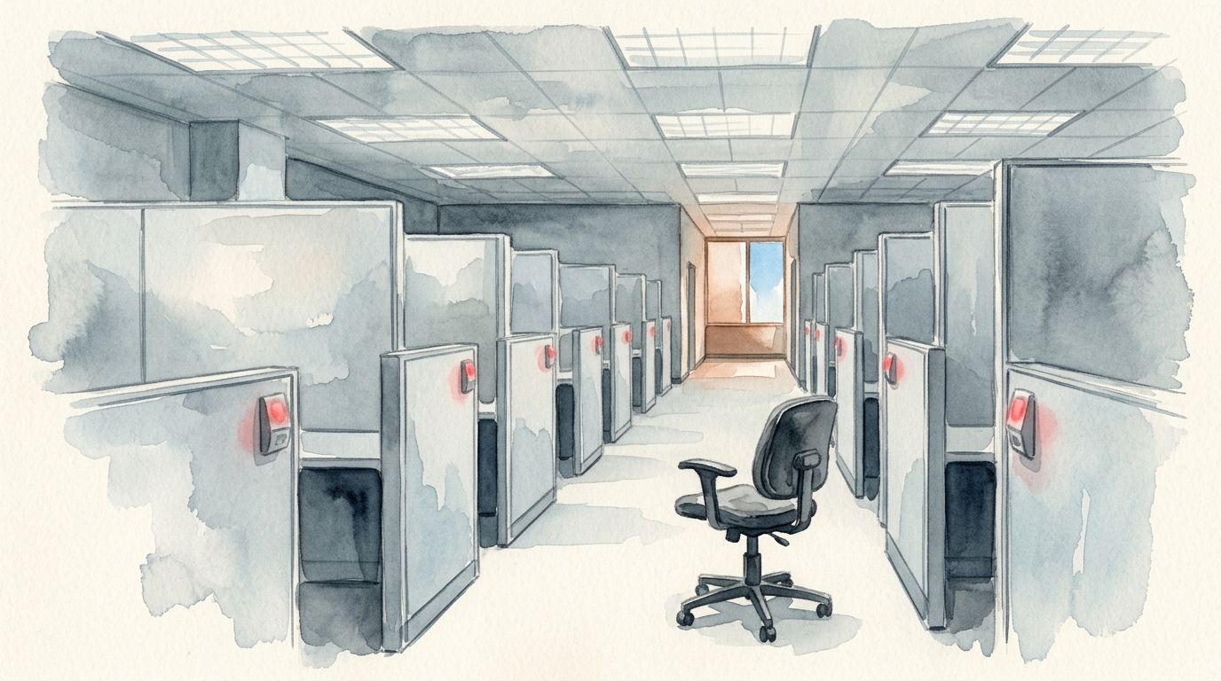 Watercolor illustration of a long, sterile corporate hallway viewed in perspective, with rows of identical empty cubicles stretching into the dista
