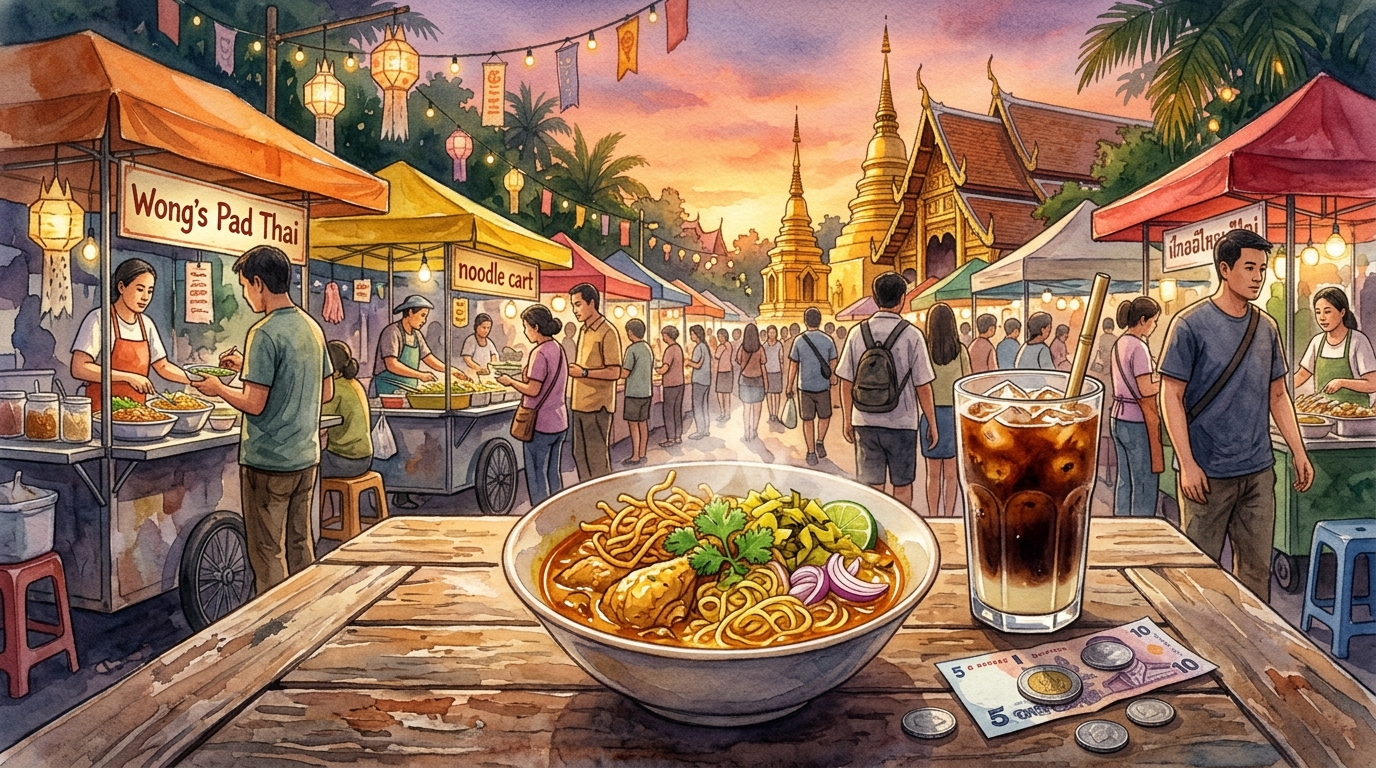 Watercolor illustration of a vibrant Southeast Asian street food scene at golden hour, viewed from a low angle at a weathered wooden table