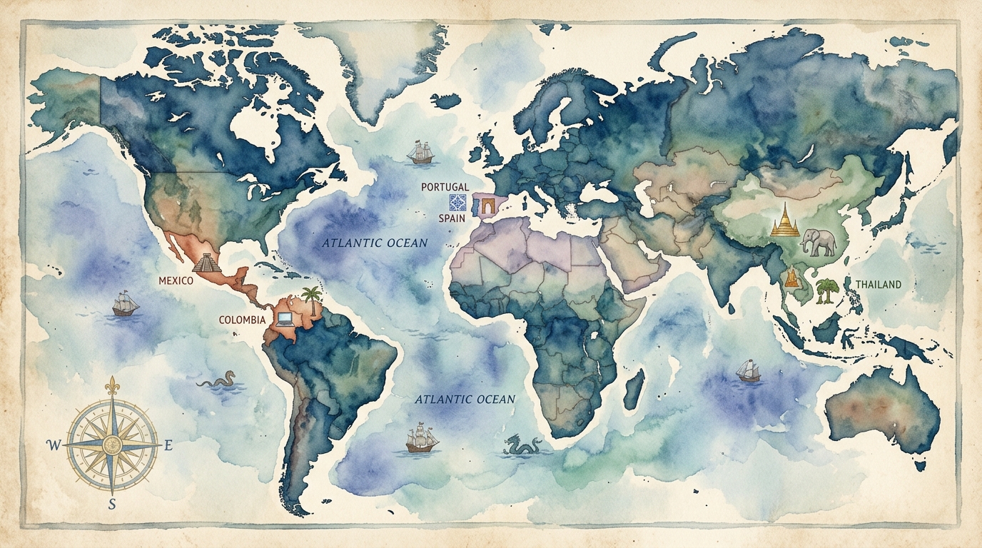 Watercolor illustration of watercolor illustrated world map on aged cream paper, centered on the Atlantic with the Americas on the left and Europe,
