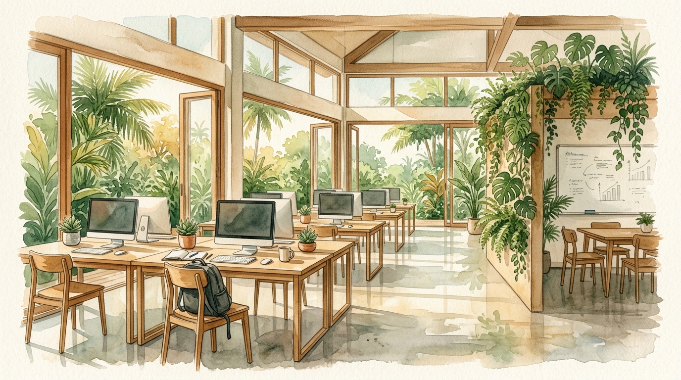 Watercolor illustration of an airy tropical coworking space interior, viewed from across the room