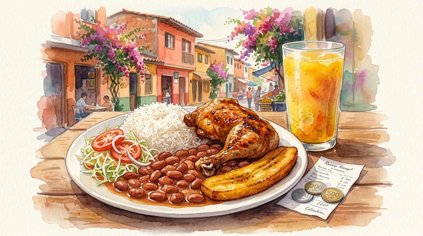 Watercolor illustration of a Colombian comida corriente lunch spread on a simple wooden table at a Medellin street restaurant