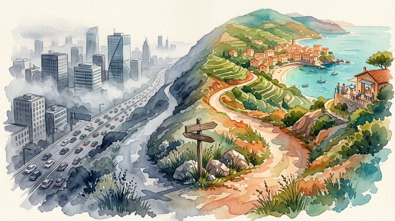 Watercolor illustration of a forking road seen from above, splitting into two distinct paths on a hillside