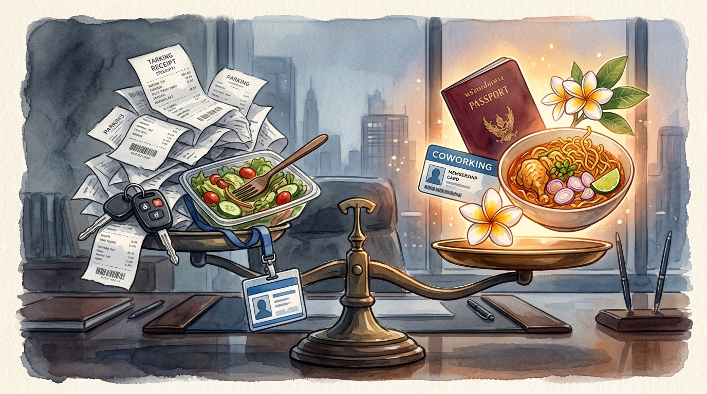 Watercolor illustration of a dramatic balance scale on a polished office desk, representing return to office costs work abroad