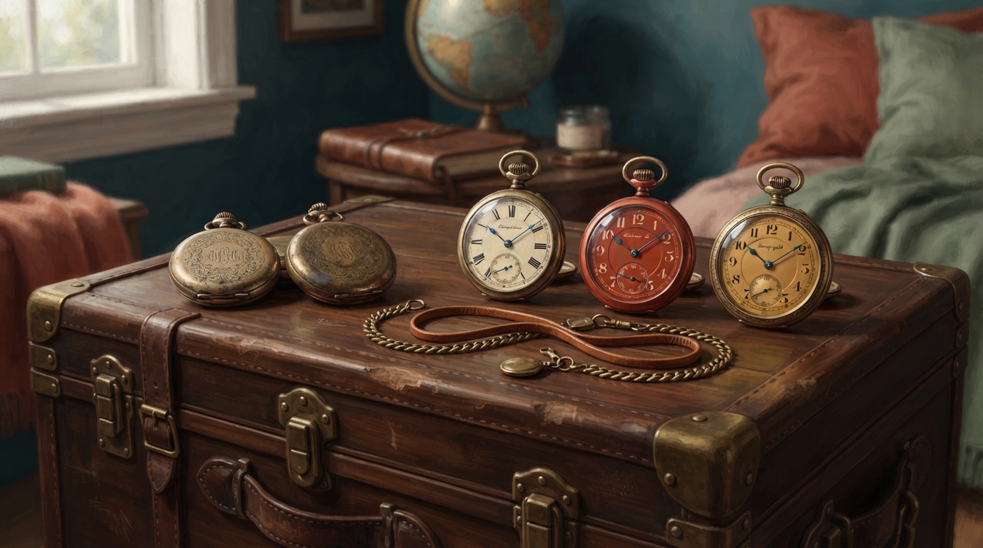 Editorial illustration of A row of ornate brass pocket watches rests atop a dark walnut steamer trunk, the two on the left lying face-down and sti