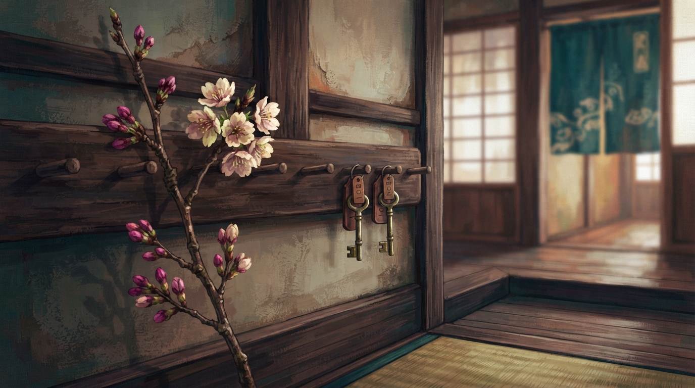 Editorial illustration of A single cherry blossom branch with only a few pale pink flowers open among tight buds leans against a weathered wooden 