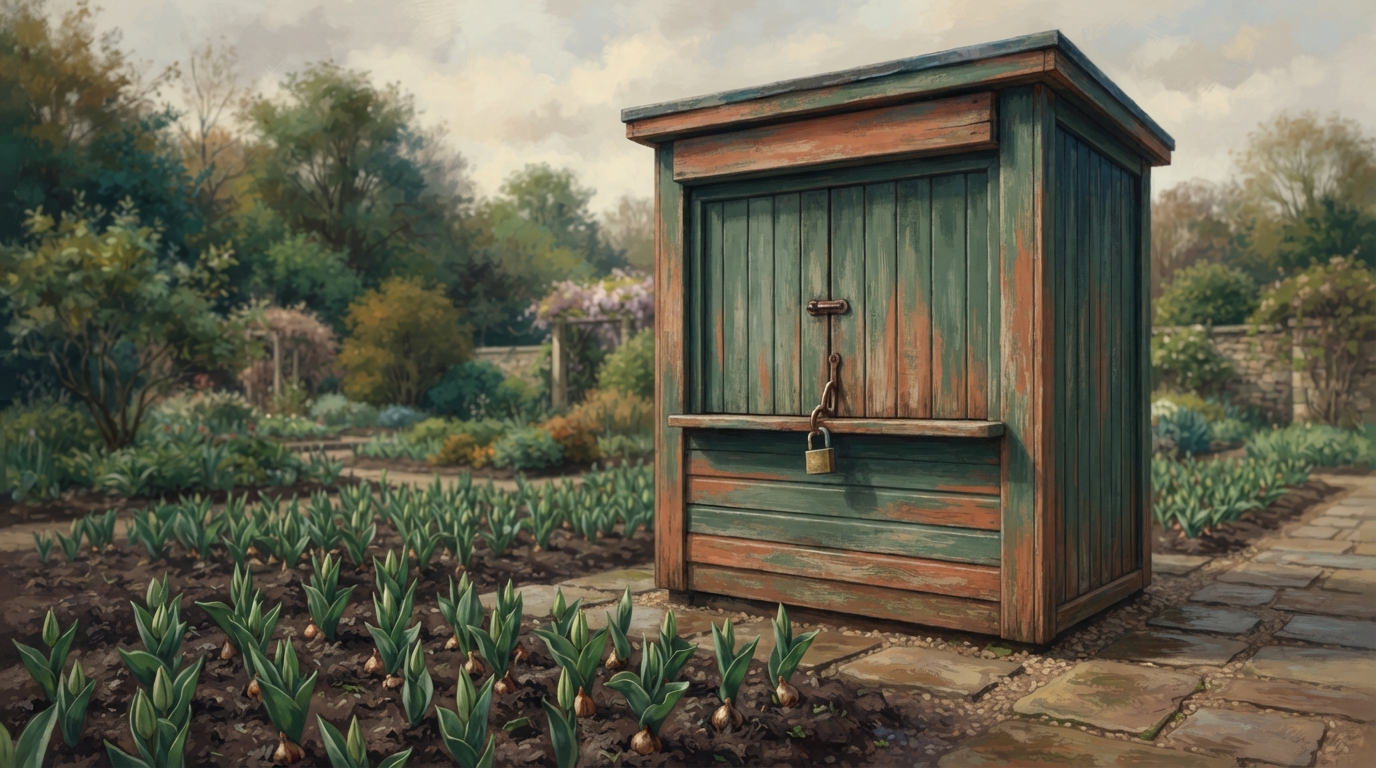 Editorial illustration of A weathered wooden garden ticket booth stands with its shutter fully lowered and blank, no signage or lettering visible 