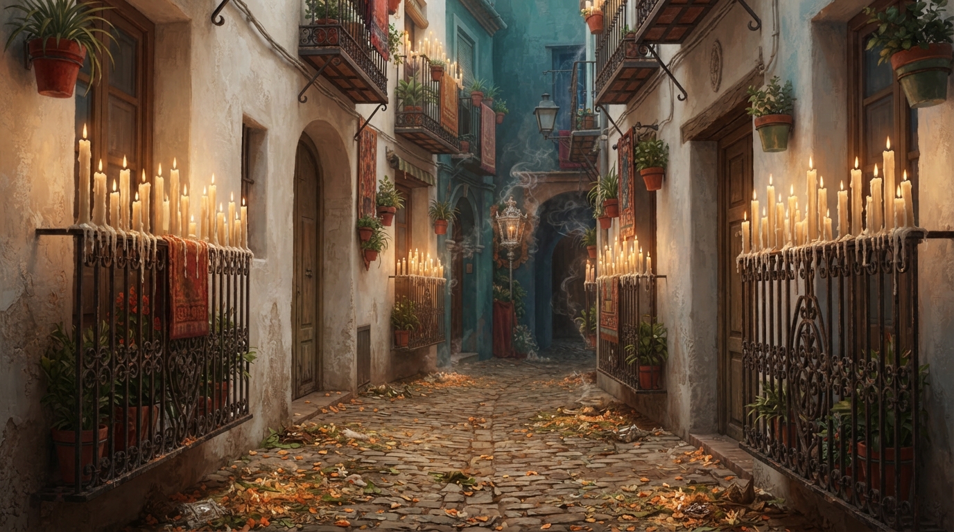Editorial illustration of A narrow whitewashed Seville side street glows beneath strings of tall dripping candles mounted along wrought-iron balco