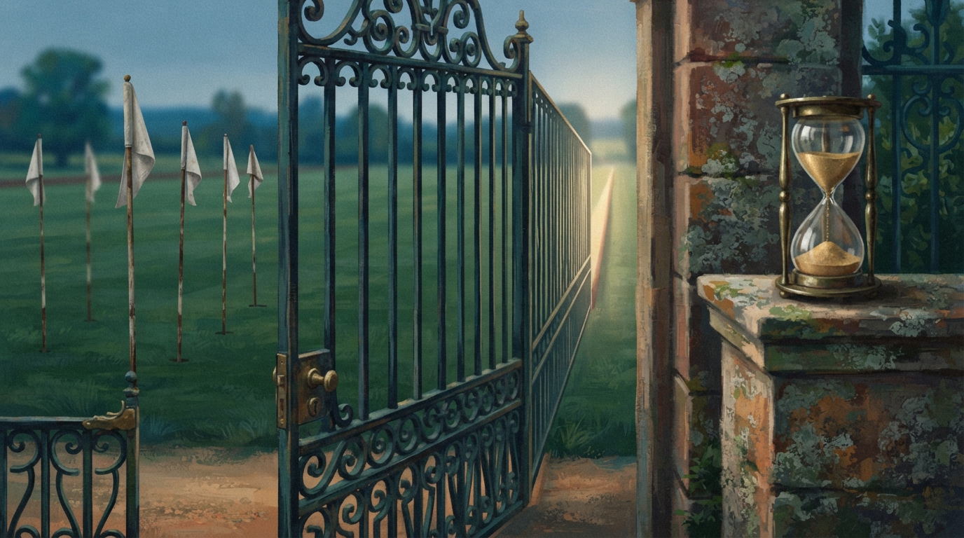 Editorial illustration of An ornate wrought-iron gate swings shut across a sprawling green polo field, a row of golf flagsticks planted nearby wit, representing best places to visit spring 2027
