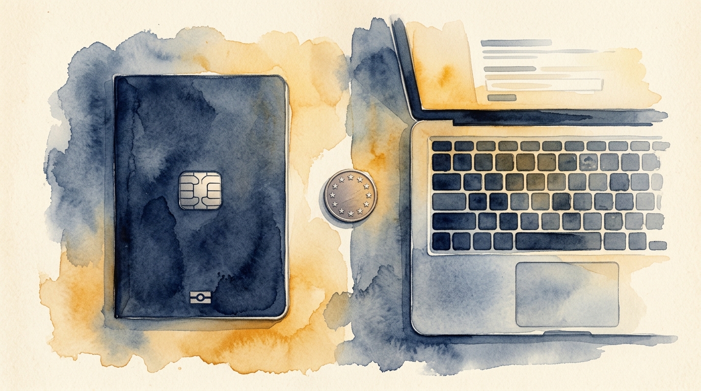 Aquarellillustration von zwei Objekten nebeneinander auf einer gealterten cremefarbenen Papierfläche: links ein geschlossenes biometrisches Dokument, rechts ein Online-Formular