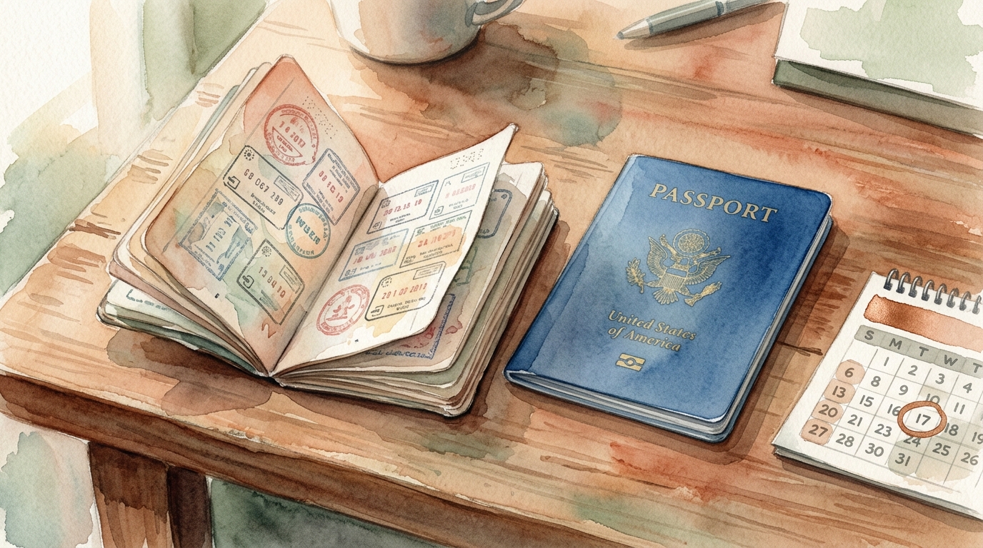 Aquarellillustration zweier Reisepässe nebeneinander auf einem verwitterten Holztisch: einer aufgeschlagen mit Visaseiten, der andere geschlossen mit biometrischem Chip-Symbol