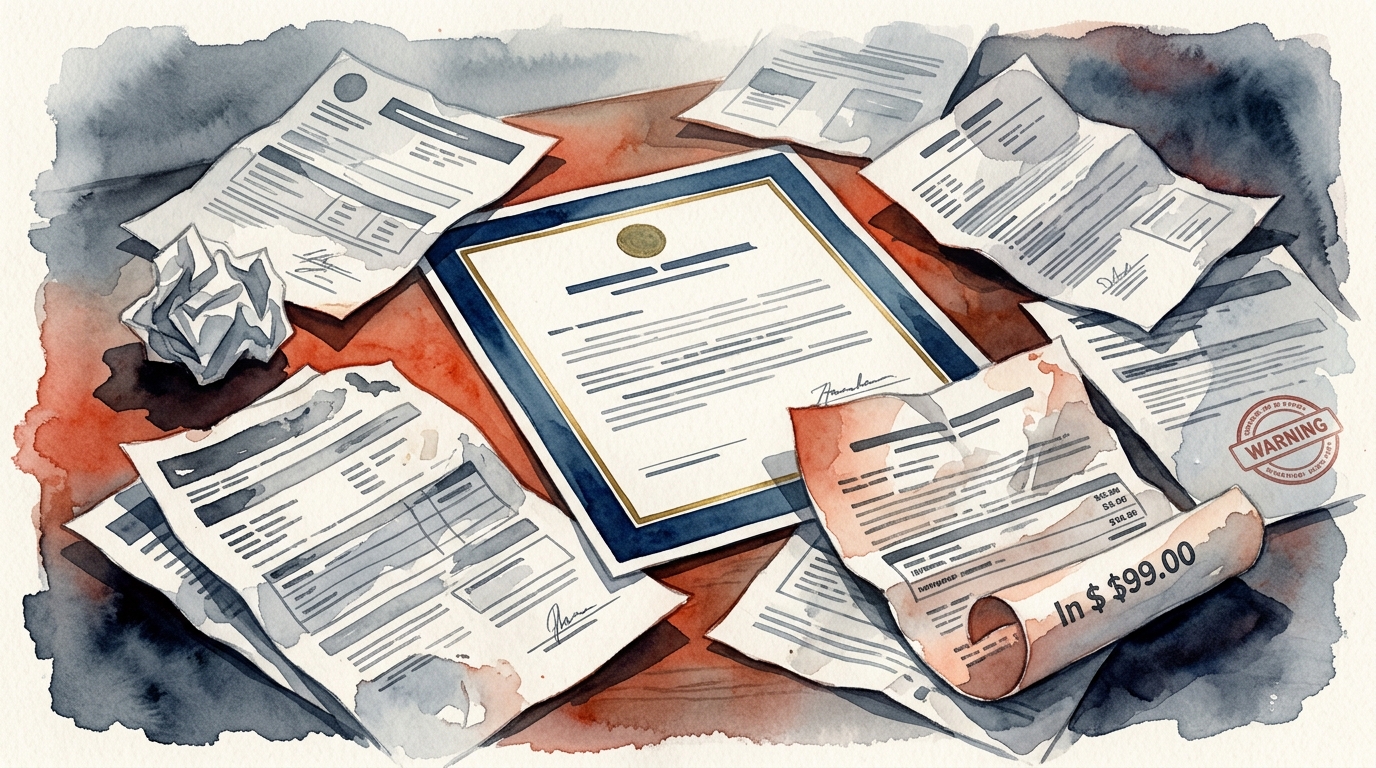 Aquarellillustration eines unübersichtlichen Schreibtischs leicht von oben: In der Mitte liegt ein legitimes offizielles Dokument in Blau und Gold, umgeben von Papieren und einer Lupe