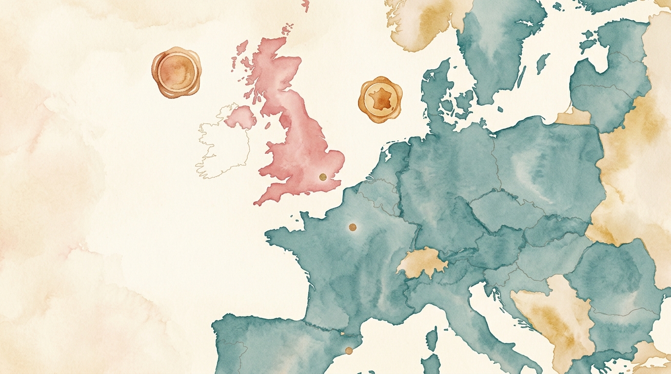 Aquarellillustration einer Karte aus der Vogelperspektive mit den Britischen Inseln und dem europäischen Kontinent auf gealterten Cremepapier