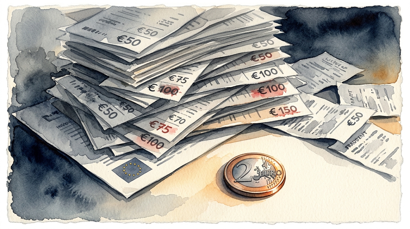 Watercolor illustration of a symbolic still life: a single official-looking €20 euro coin resting alone on cream paper beside a towering, precariou, representing ETIAS for Americans 2026 what you need to know