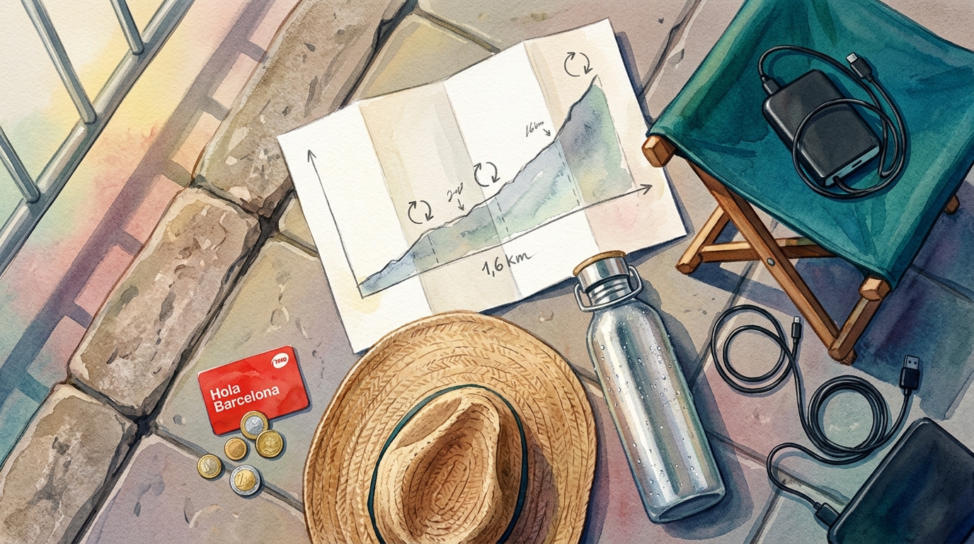 Aquarell-Illustration einer Aufsicht auf die Renntag-Ausrüstung eines Zuschauers, ausgebreitet auf den warmen grauen Pflastersteinen des Montjuïc-Anstiegs — eine zusammengelegte