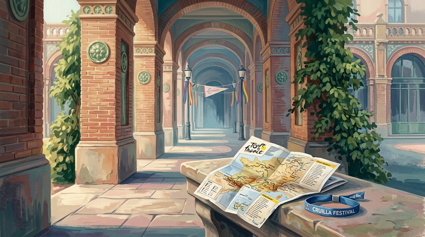 Aquarell-Illustration eines ruhigen, sonnenwärmenden Blicks durch die modernistische Kolonnade des Sant Pau Art Nouveau Sites, das vertiefte Backsteinwerk und das Salbeigrün-
