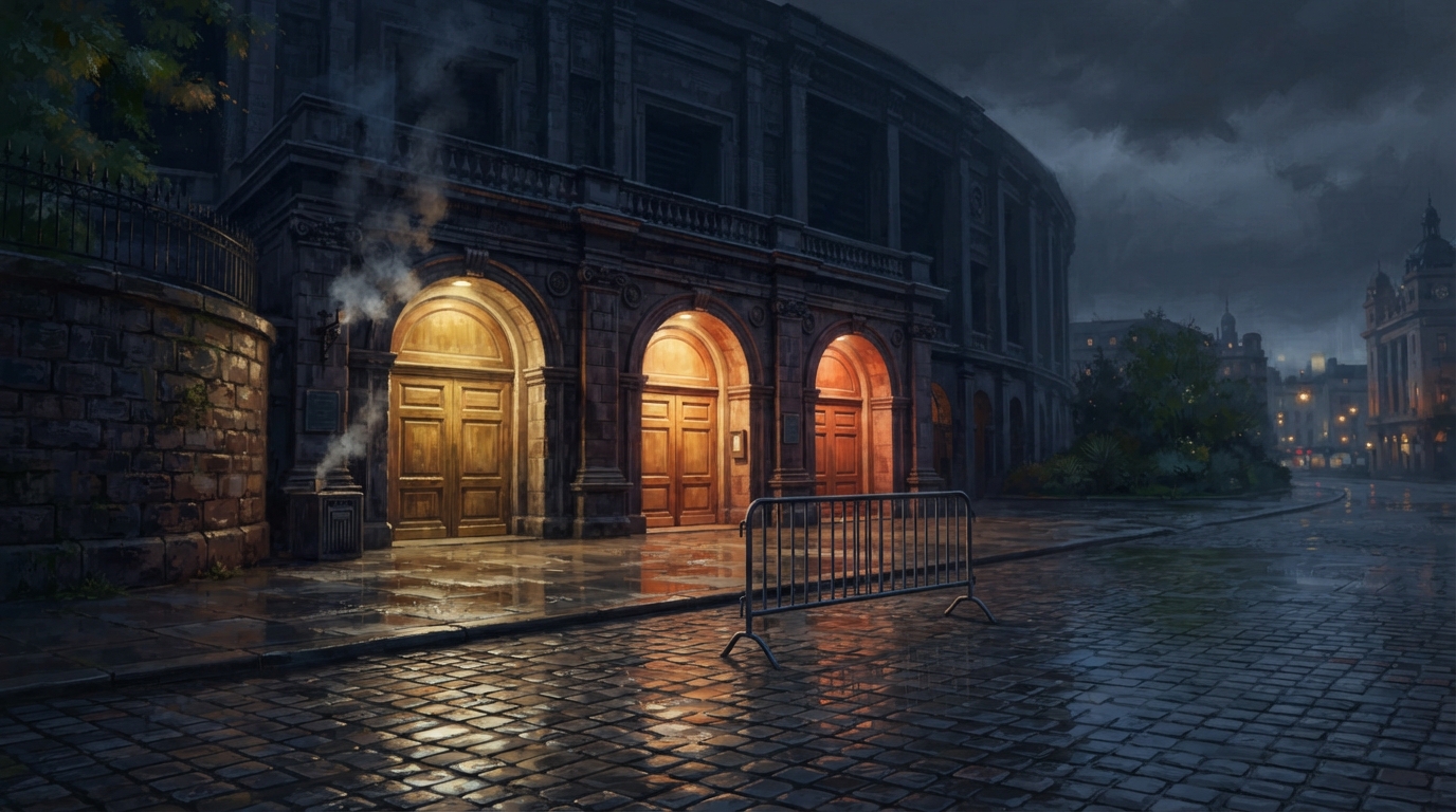 Editorial illustration of A European arena's illuminated entrance plaza at night in November, three separate archway doors glowing with distinct w