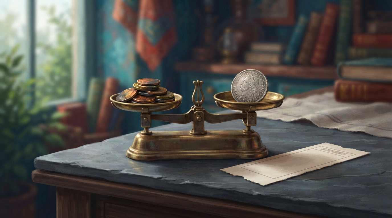 Editorial illustration of A small brass scale balances evenly on a dark slate counter, one side holding a modest stack of coins and the other a si