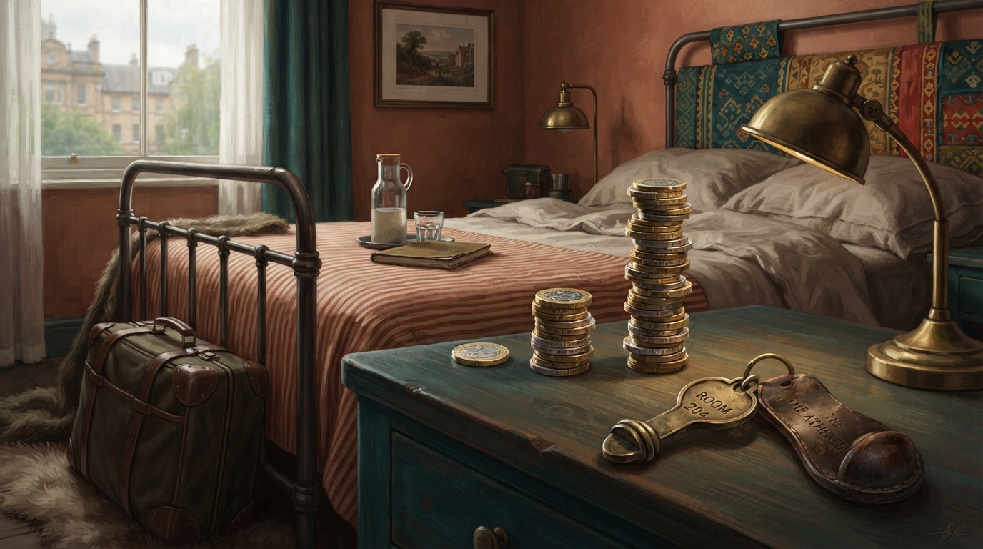Editorial illustration of A brass hotel room key rests on a nightstand beside two stacks of coins, one modest and one towering nearly twice its he
