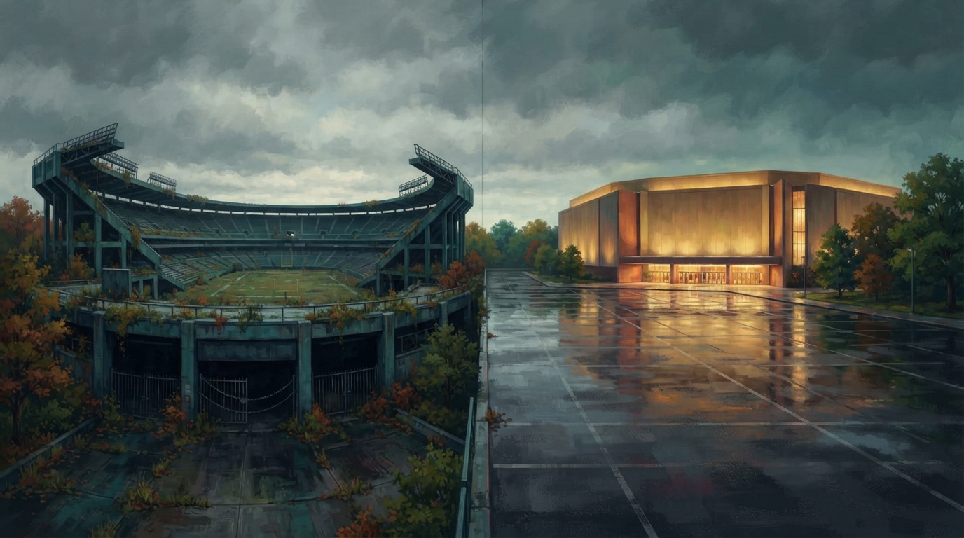 Editorial illustration of A vast open-air stadium sits dark and empty under a heavy autumn sky, its field reclaimed by ordinary use and its gates , representing biggest concerts europe autumn 2026