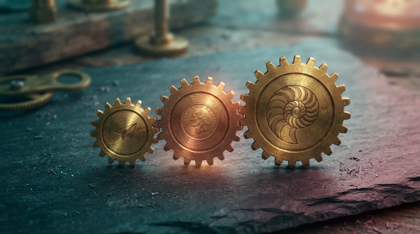 Editorial illustration of Three brass gears of different sizes sit on a dark slate surface, each turning at its own pace: a small gear etched with