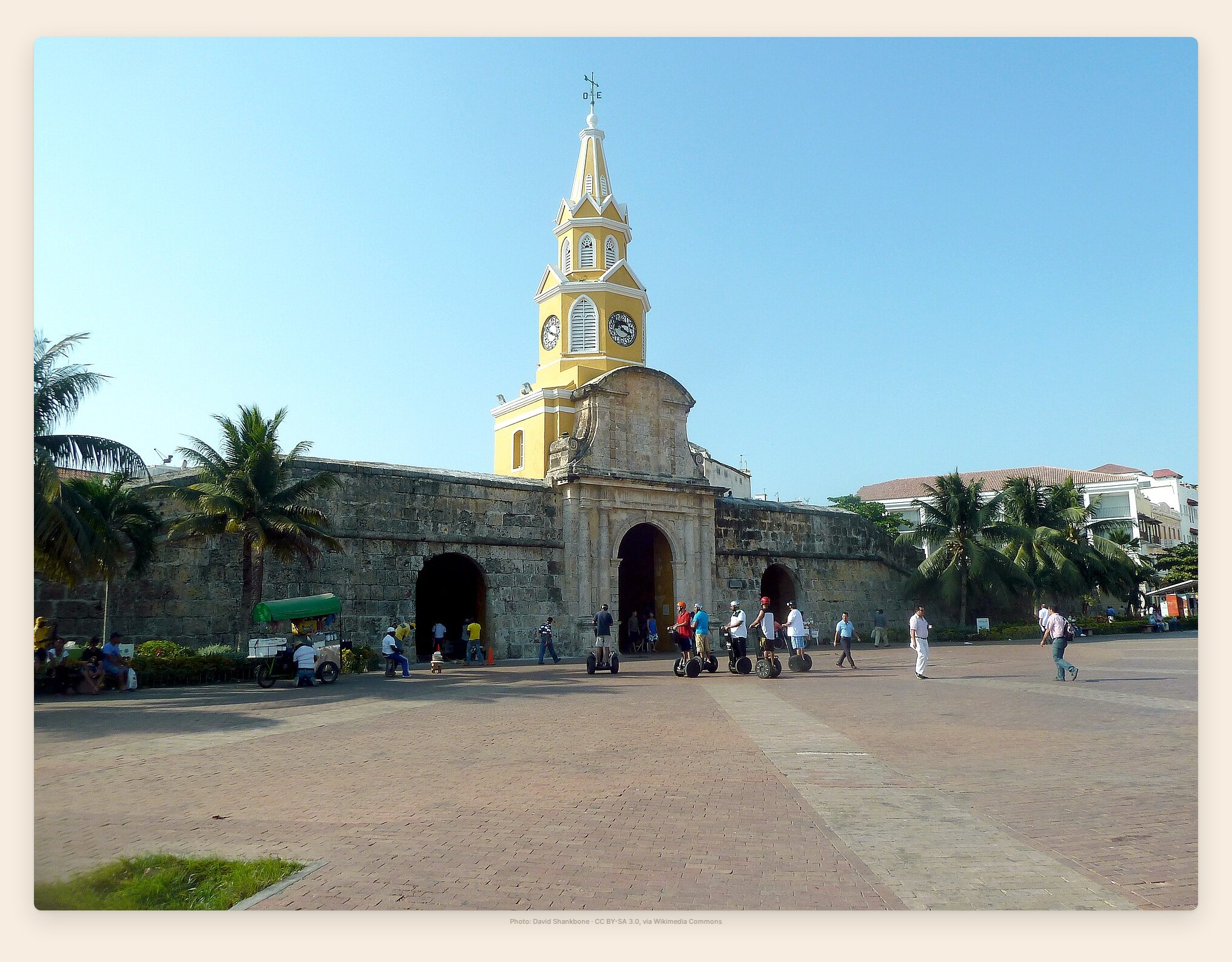 The Torre del Reloj gate into Cartagena's walled Old Town, the Colombian UNESCO site now reachable nonstop from Houston and Dulles