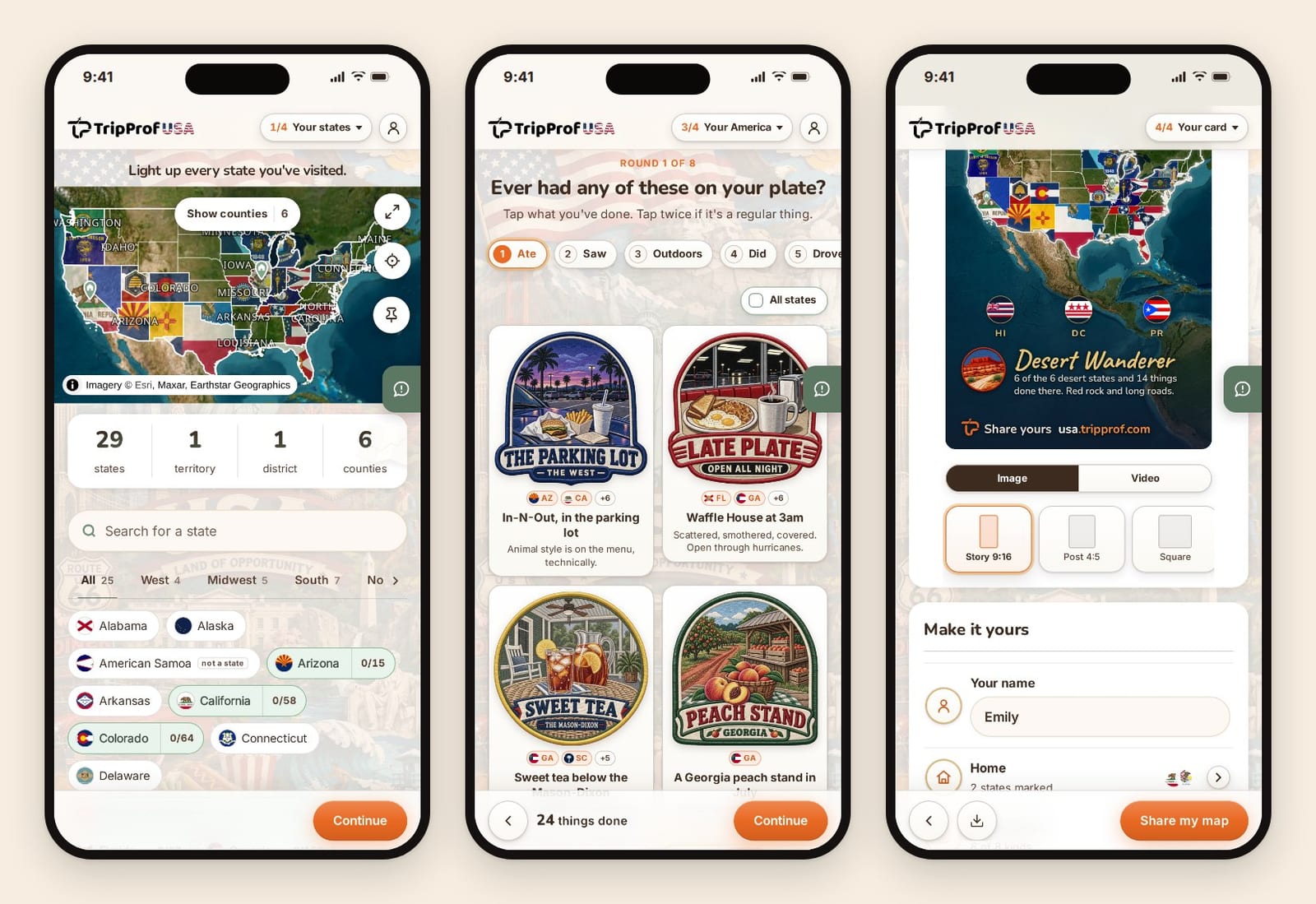 Three phone screens from the USA states map: marking states, the experience rounds, and the finished share card
