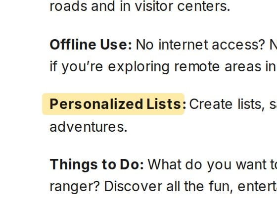 The official NPS app feature list, which offers saved lists and notes but no visited-park tracking or passport stamps