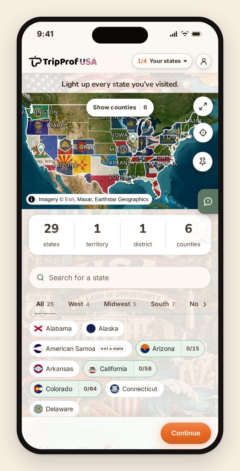 The states step on a phone: a satellite map above a searchable list covering all 56 states, districts and territories