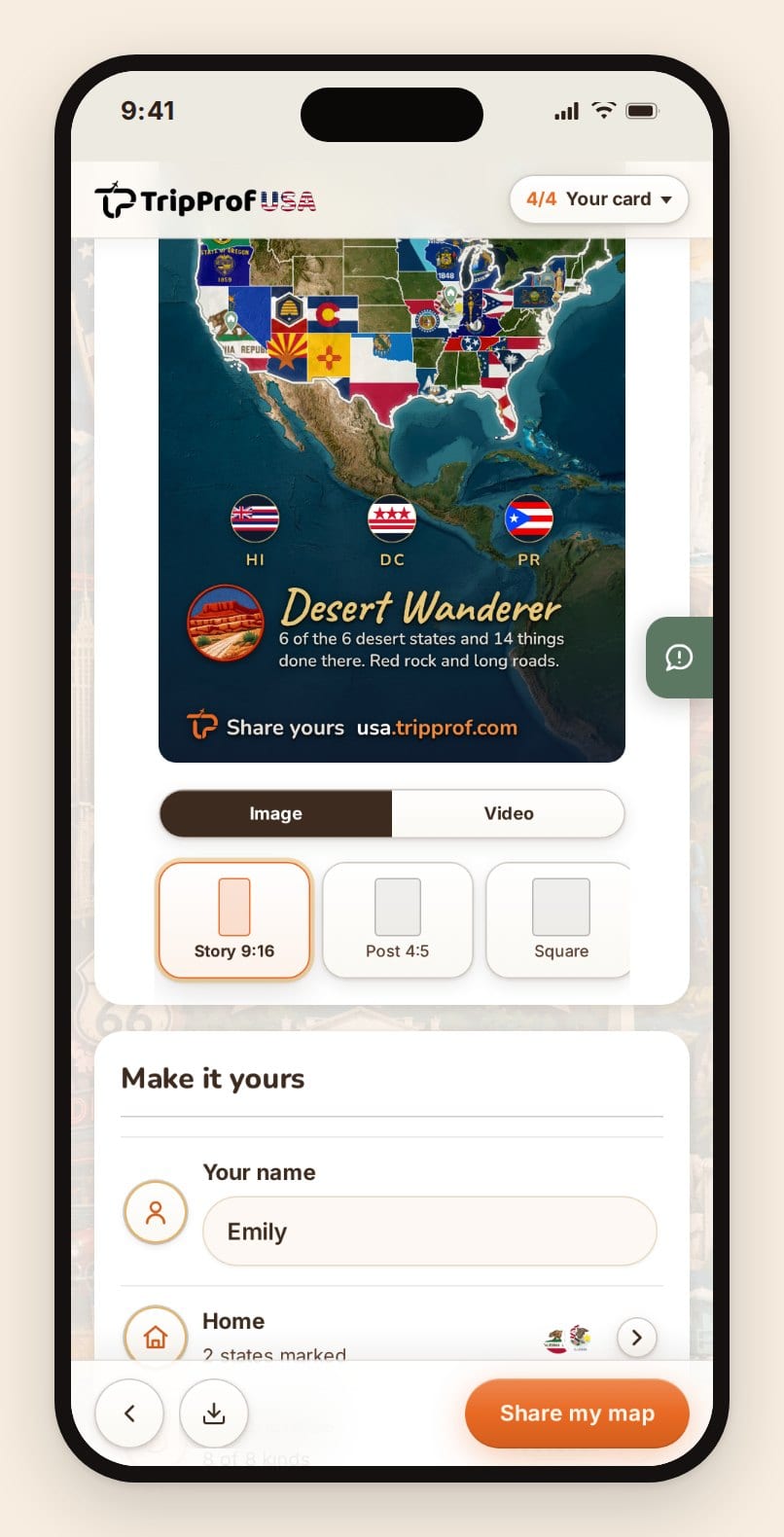 The finished card on a phone: the Desert Wanderer archetype over a flag-filled map, with export options below