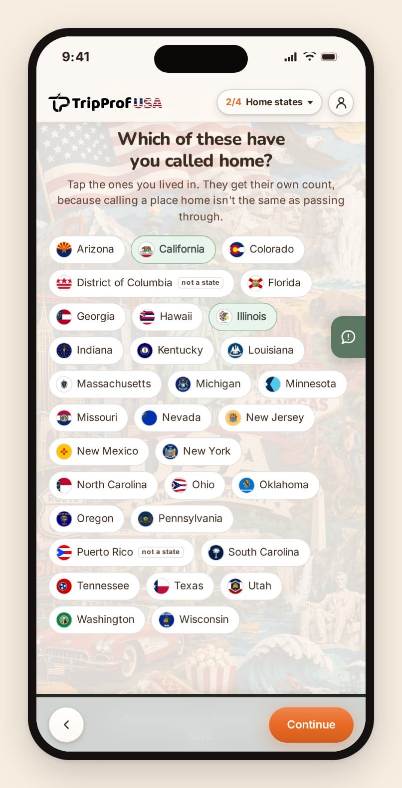 Marking which states you actually lived in, a separate count from the states you have only passed through