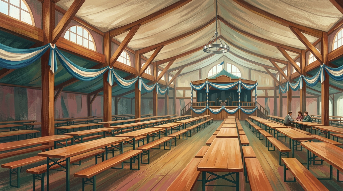 Redaktionelle Illustration des ruhigen Inneren eines großen Oktoberfest-Festzelts in der ersten Stunde nach Öffnung, lange Reihen leerer Holzbänke und blanker Tische