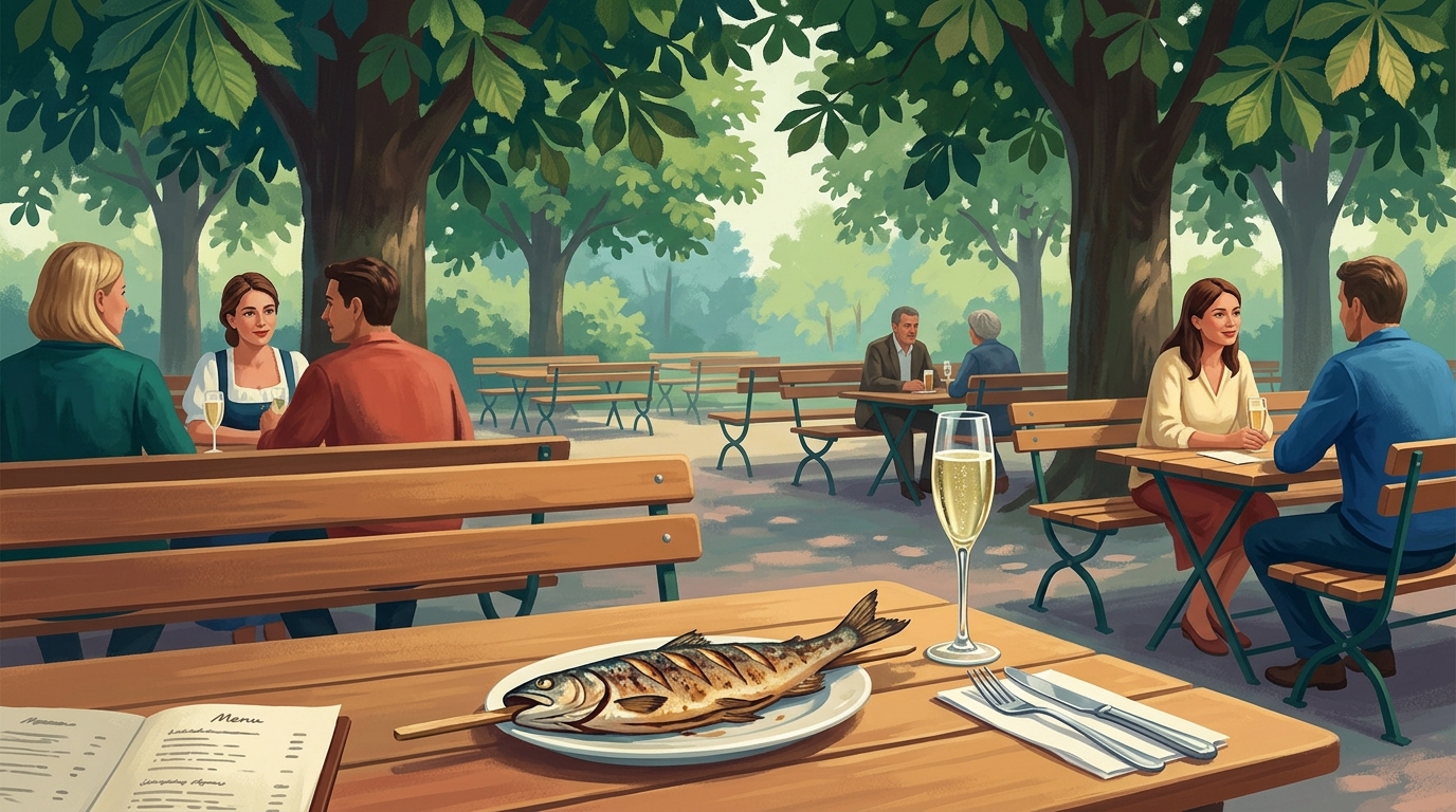 Redaktionelle Illustration eines entspannten Oktoberfest-Biergartens im Freien unter breiten Kastanienbäumen, ein Steckerlfisch auf einem Holzstab und ein schlankes Glas