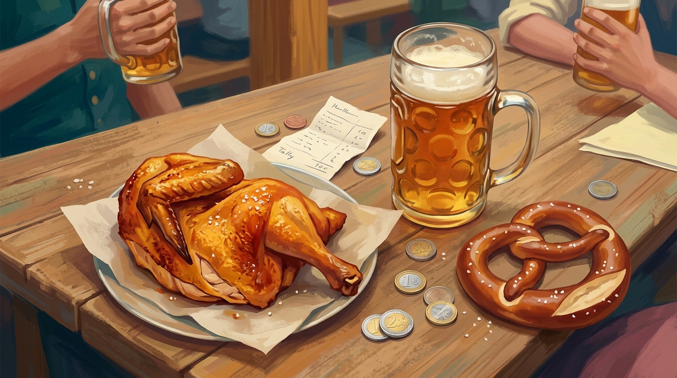 Redaktionelle Illustration einer Aufsicht auf die typischen Tagesausgaben des Oktoberfests auf einem geschrubbten Eichentisch: ein knuspriges goldenes halbes Brathendl (Hendl)