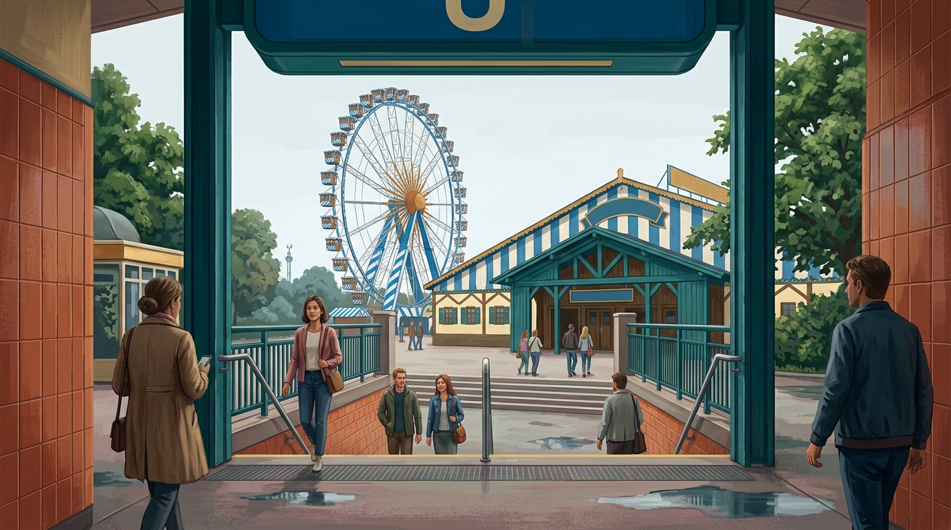 Redaktionelle Illustration eines ruhigen U-Bahn-Ausgangs, der an einem ruhigen Wochentagmorgen auf die Theresienwiese führt, das Riesenrad des Fests und ein