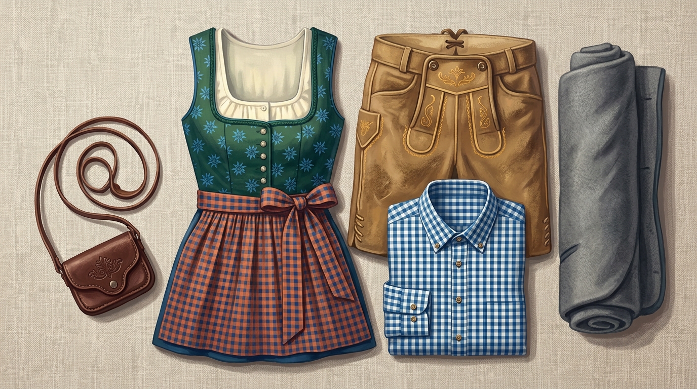Redaktionelle Illustration einer Aufsicht auf ein Oktoberfest-Outfit auf einer Leinenfläche: ein ordentlich gefaltetes Dirndl mit gebundener Schürze, ein Paar