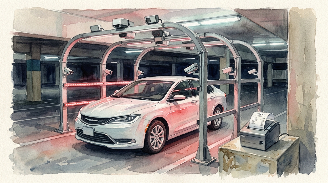 Watercolor illustration of a rental car passing through a high-tech inspection tunnel at an airport parking garage — overhead cameras and sensor ar
