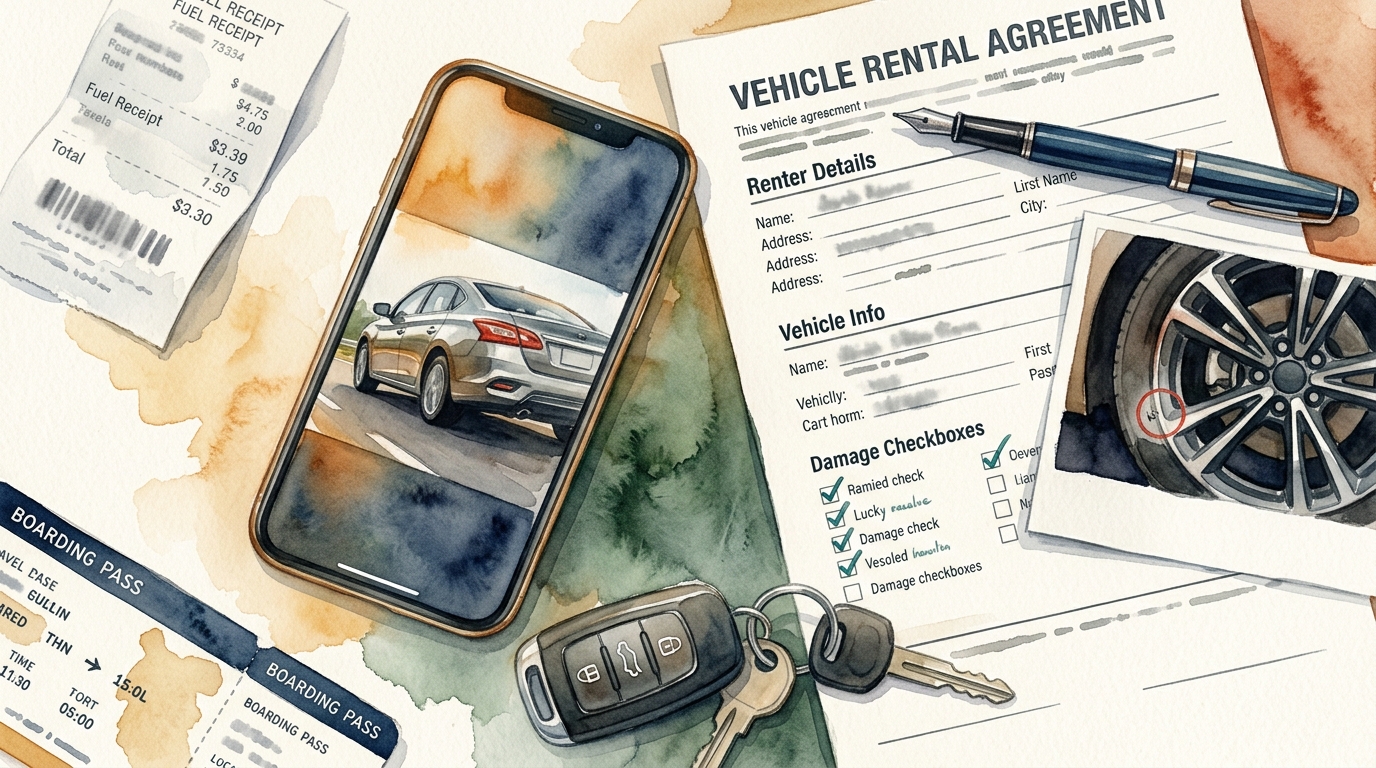 Watercolor illustration of editorial watercolor overhead flat-lay showing a smartphone playing a video of a car's exterior next to a printed rental
